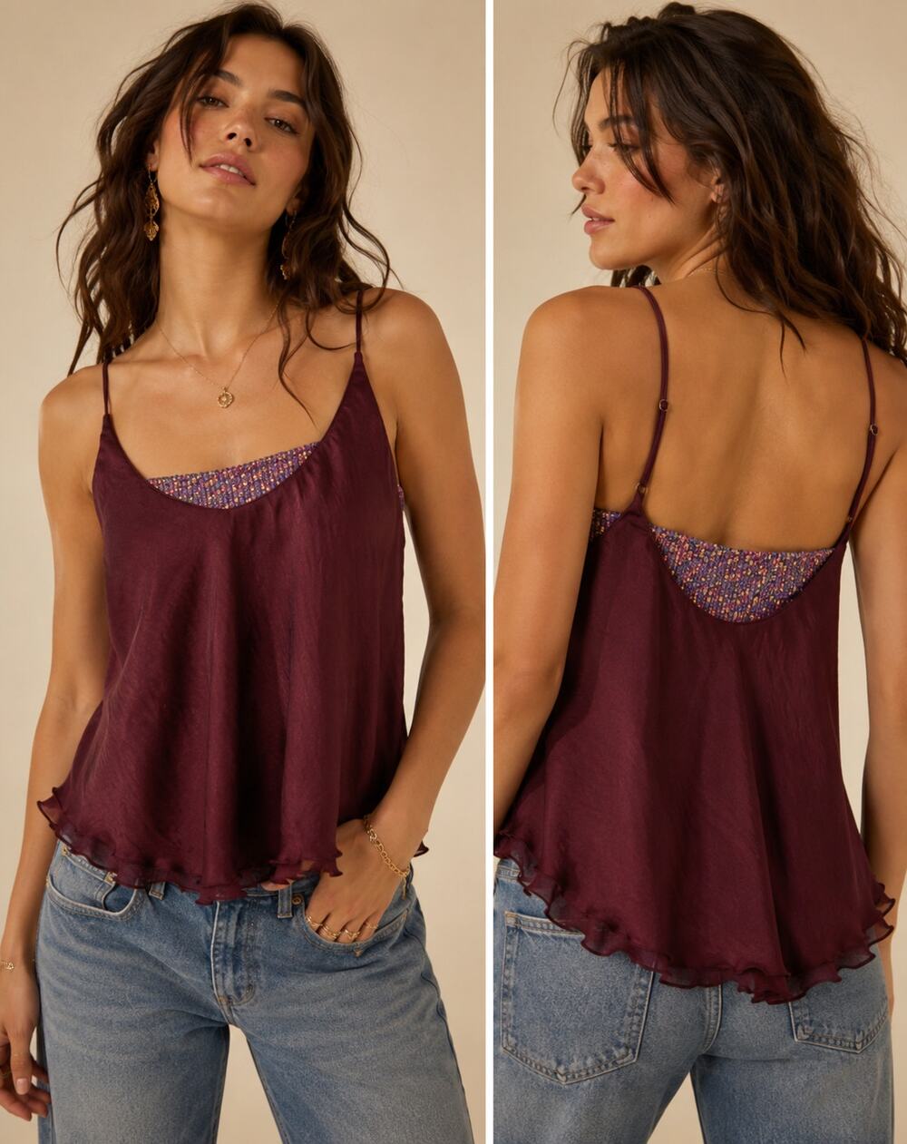 Free People SZ M Turn It On Cami Merlot Sequin Embellished Inset OB1064843 - Picture 1 of 8